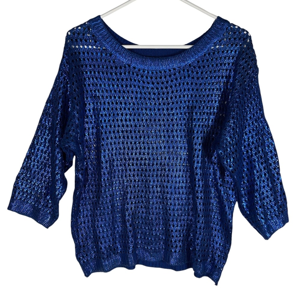 Love Always Royal Blue Metallic Open Knit Sweater 3/4 Sleeve Scoop Neck Large